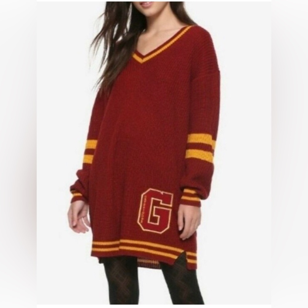 ⭐️ HARRY POTTER Gryffindor Rib Knit Pullover V-neck Long Sleeve Sweater Dress 🪄